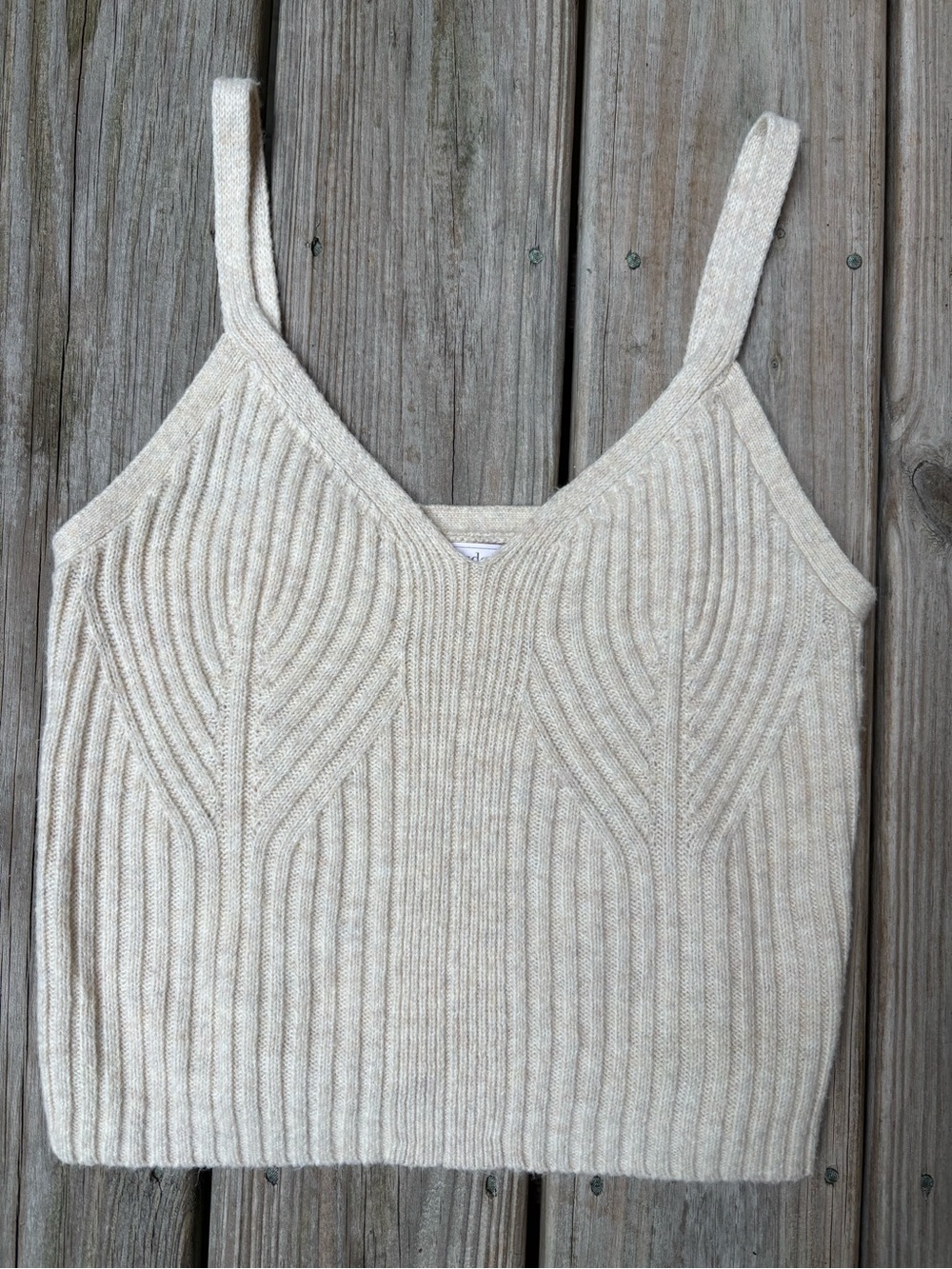 AUDEN Heather Beige Ribbed Knit Cozy Minimalist Cropped Tank Top V-Neck Size S